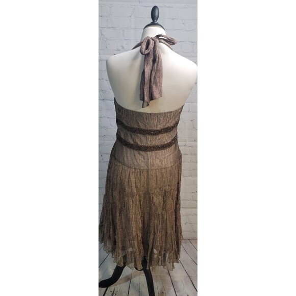 Vintage Cache Womens Halter Dress Size 10 Bronze Metallic Crinkled Silk Beaded - Picture 7 of 10